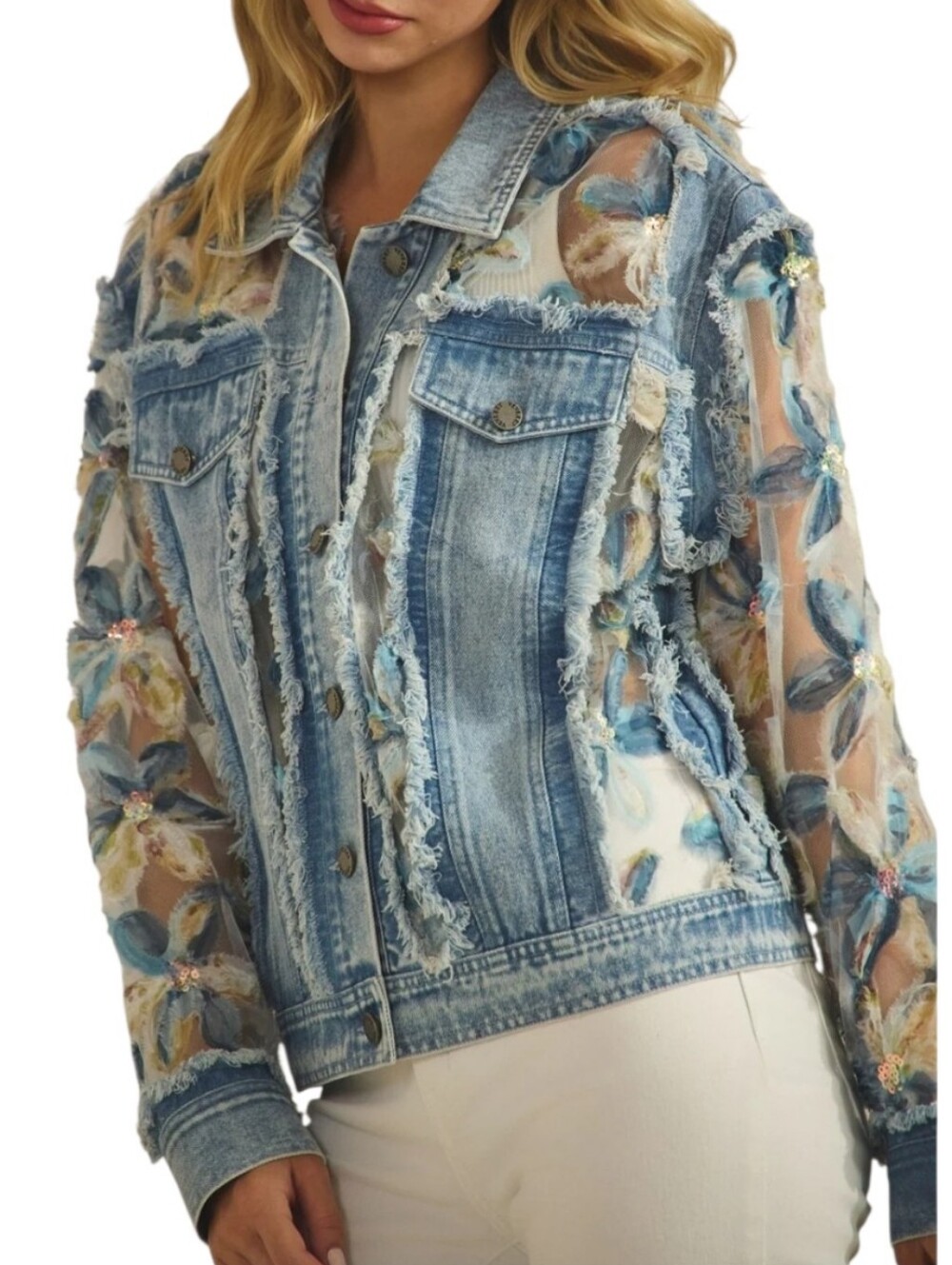 Veveret Denim Jacket Women Medium Blue Floral Mesh Sequin Distressed Trucker